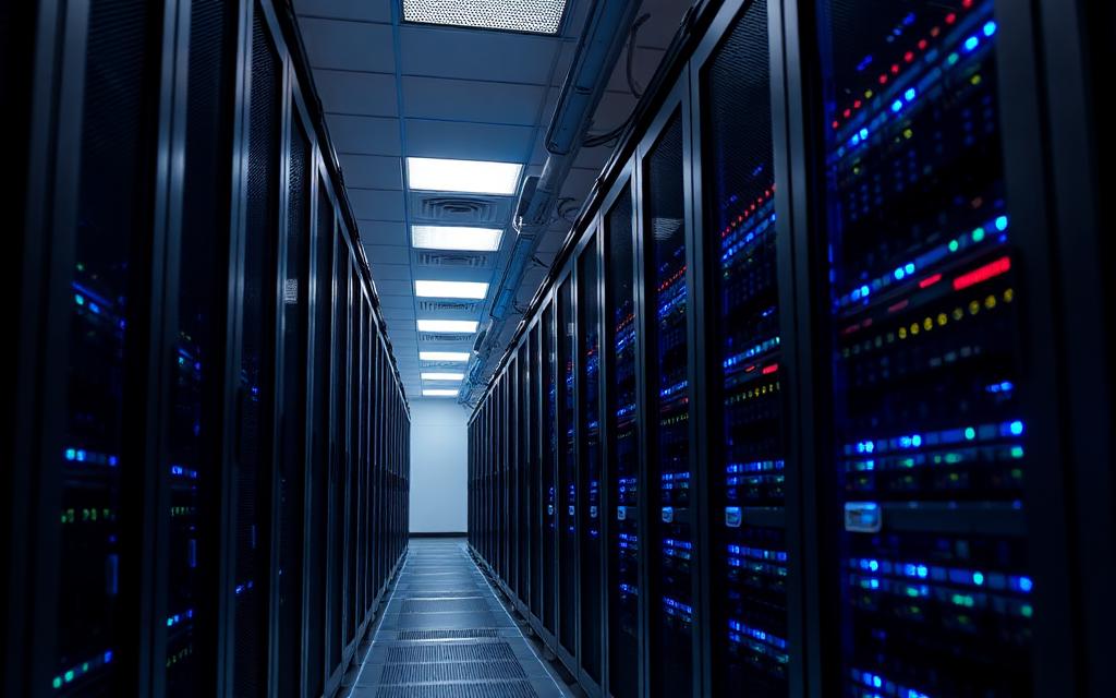 Allée de serveurs dans une salle informatique